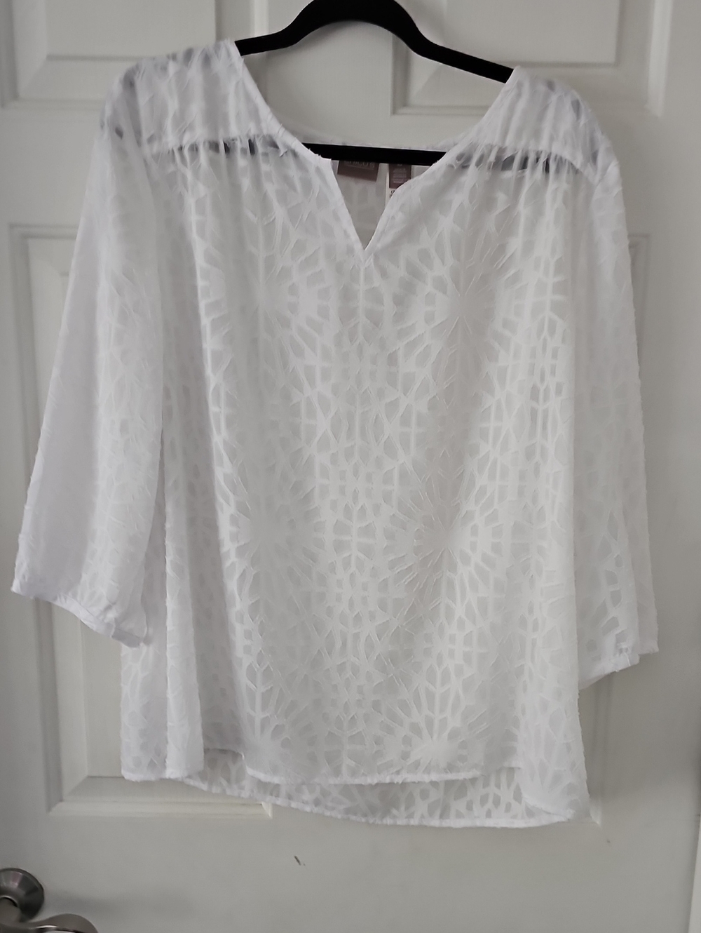 Women’s White Sheer Patterned Blouse - Lightweight V-Neck Top or Swim Cover-Up